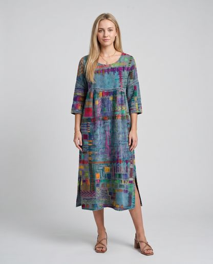MANUELA- Vestido Denim con Patchwork Étnico