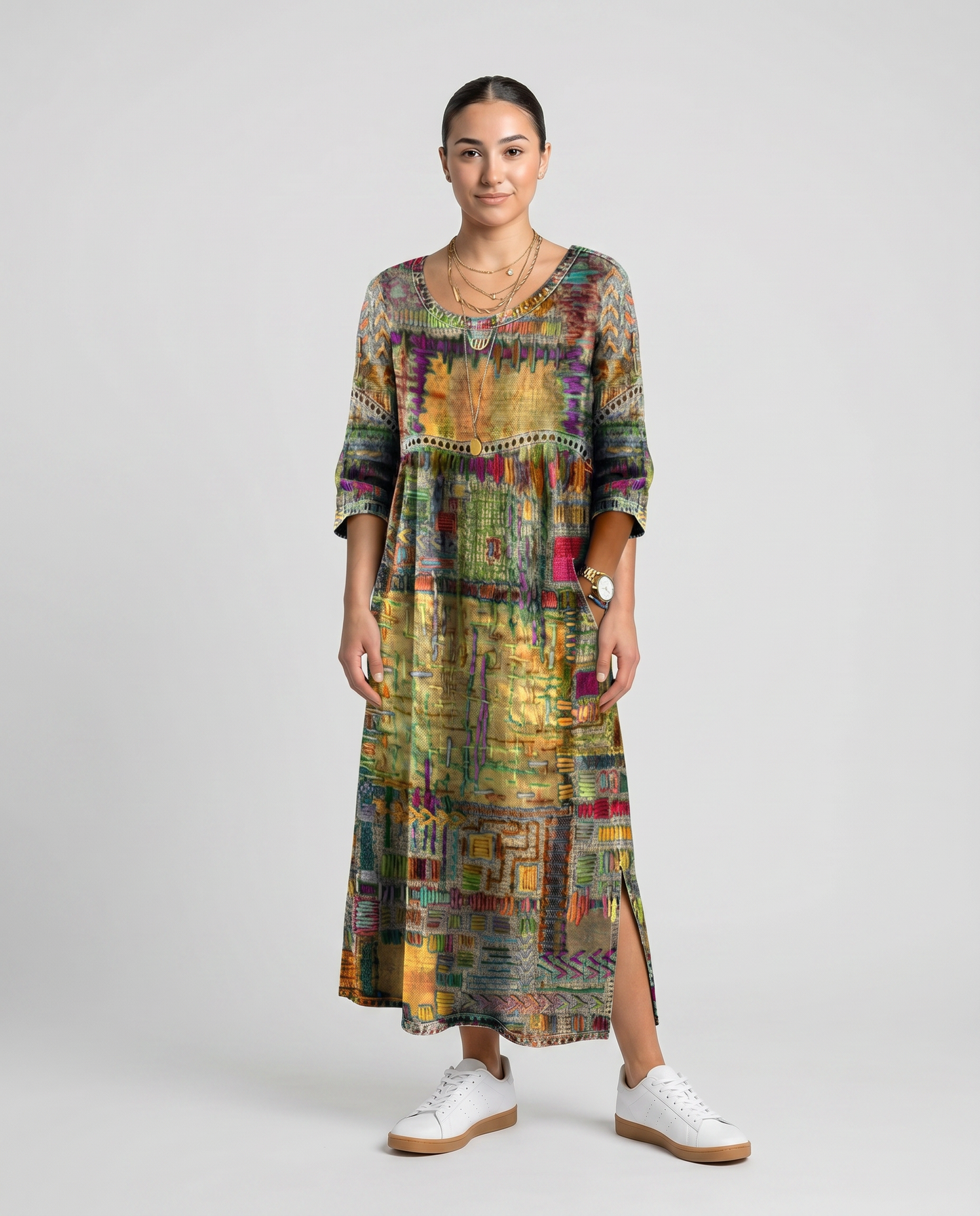 MANUELA- Vestido Denim con Patchwork Étnico