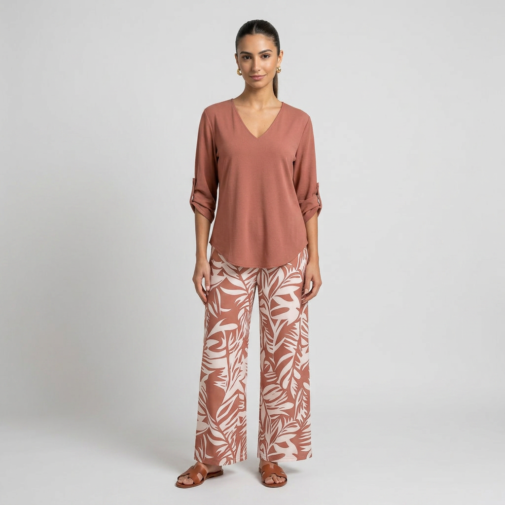 Leire-Conjunto de mujer blusa con cuello en V y pantalones estampados de corte ancho