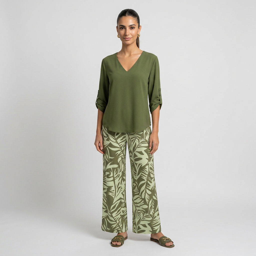 Leire-Conjunto de mujer blusa con cuello en V y pantalones estampados de corte ancho