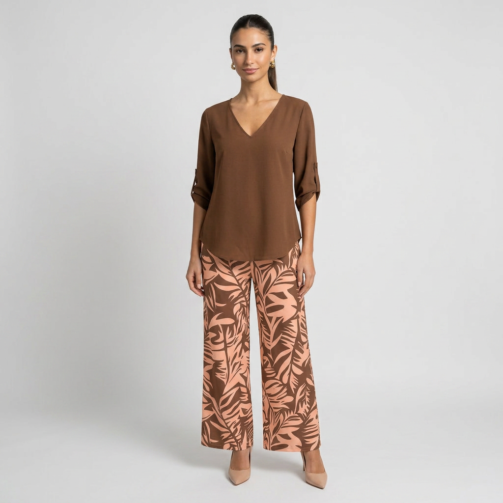 Leire-Conjunto de mujer blusa con cuello en V y pantalones estampados de corte ancho