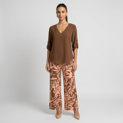 Leire-Conjunto de mujer blusa con cuello en V y pantalones estampados de corte ancho