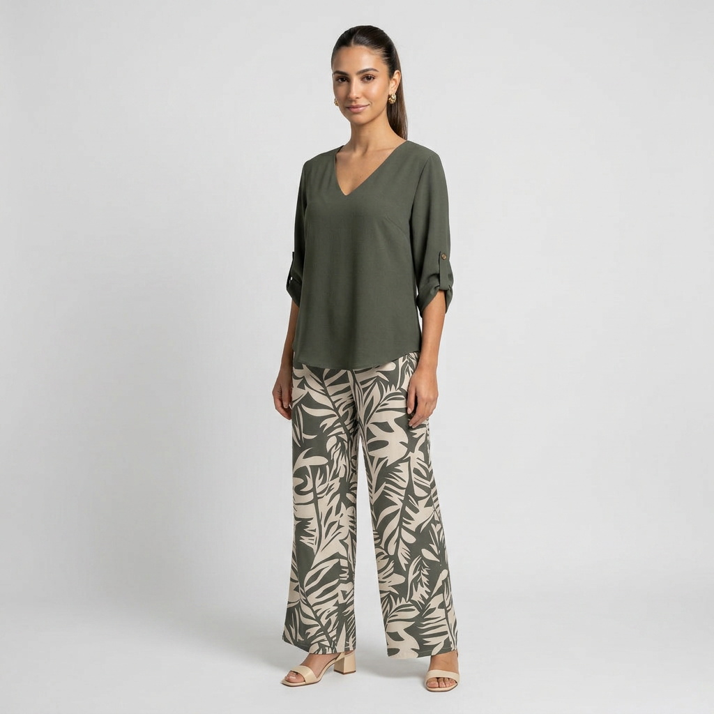 Leire-Conjunto de mujer blusa con cuello en V y pantalones estampados de corte ancho