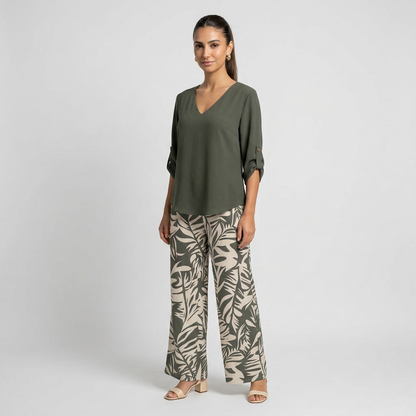 Leire-Conjunto de mujer blusa con cuello en V y pantalones estampados de corte ancho