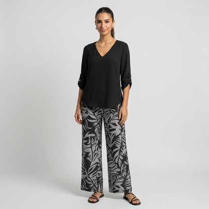 Leire-Conjunto de mujer blusa con cuello en V y pantalones estampados de corte ancho